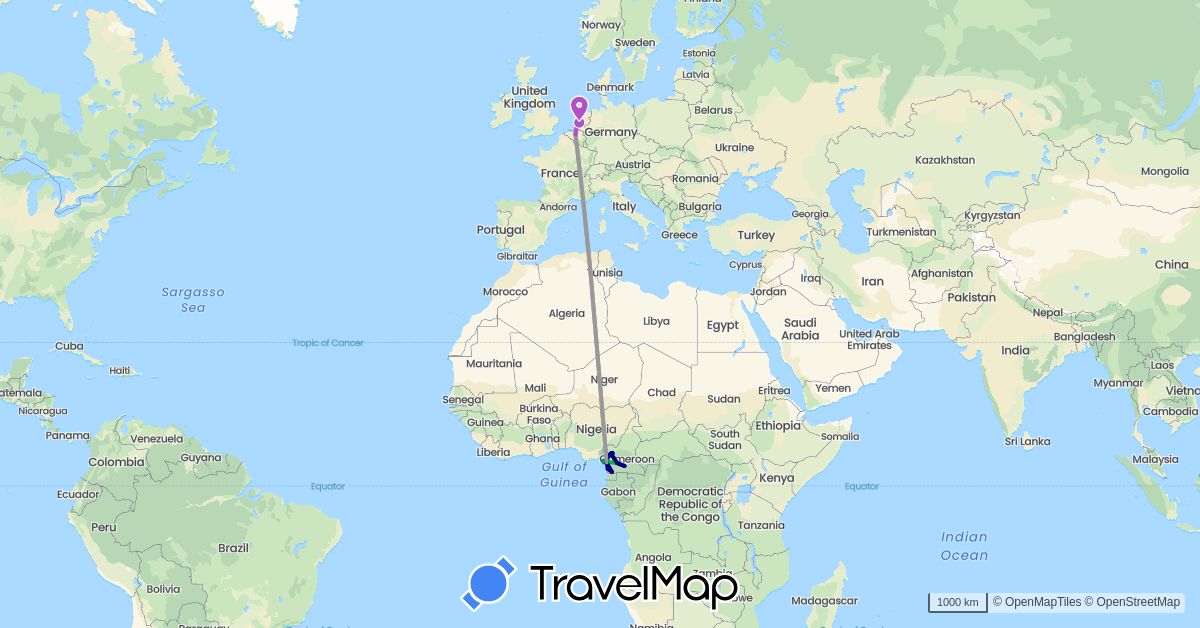 TravelMap itinerary: driving, bus, plane, train, hiking in Belgium, Cameroon, Netherlands (Africa, Europe)
